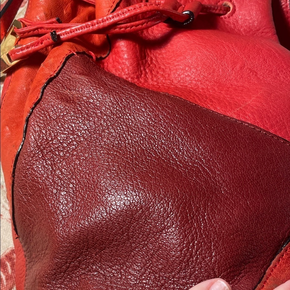Halston Heritage Red Patchwork Ostrich Pebbled Burgundy Leather Hobo Bucket Bag - Picture 8 of 16